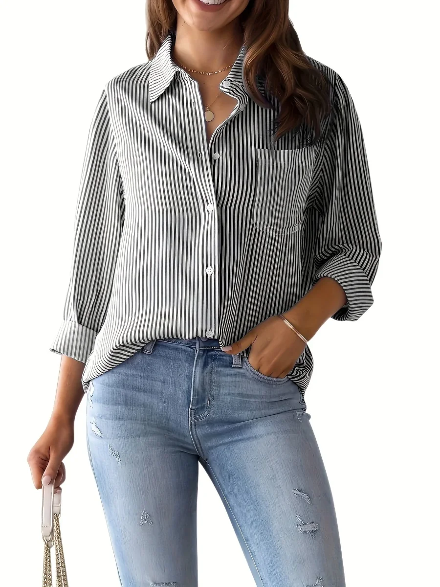 Chique Dames Gestreepte Blouse Met Kraag En Knoopsluiting - Afbeelding 5
