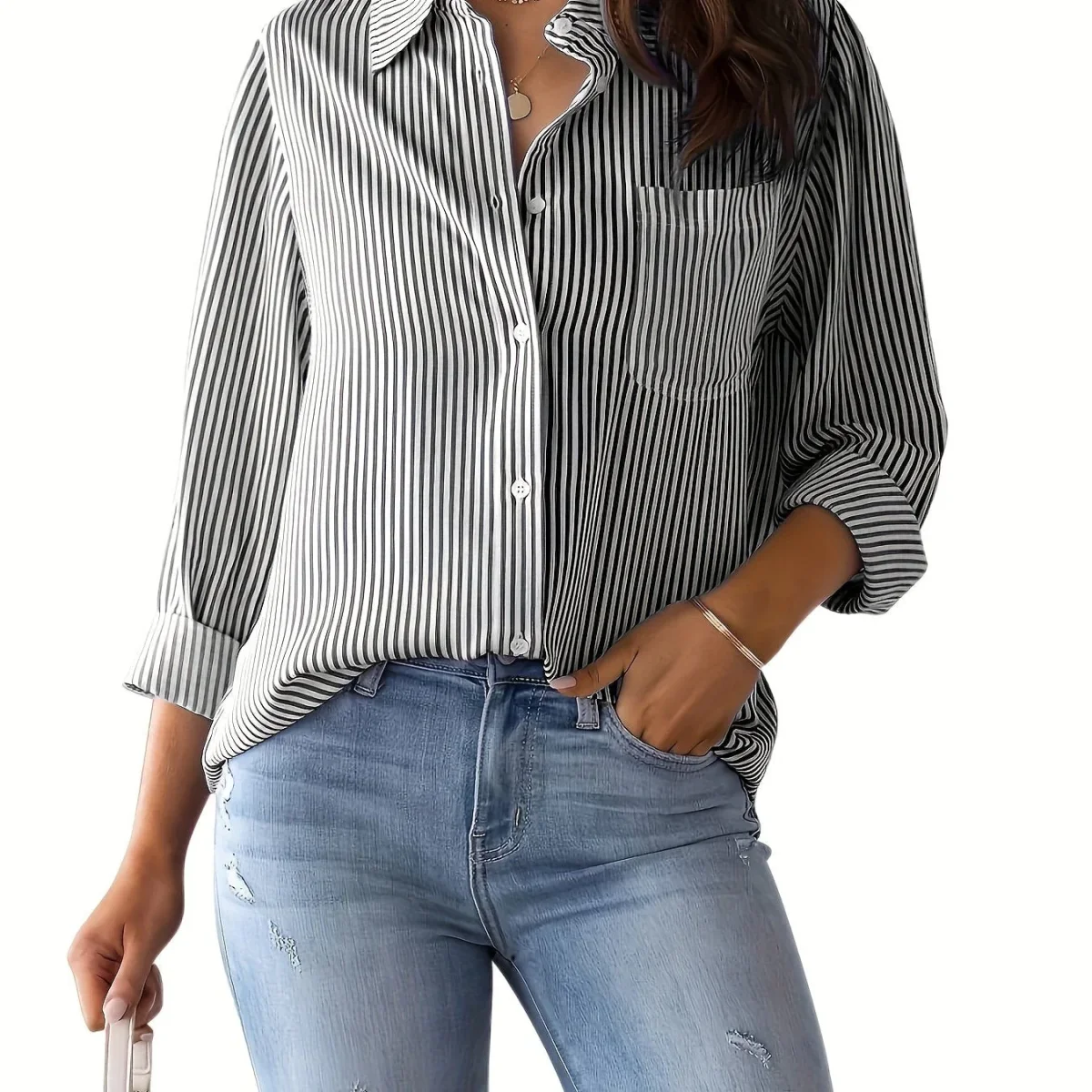 Chique Dames Gestreepte Blouse Met Kraag En Knoopsluiting