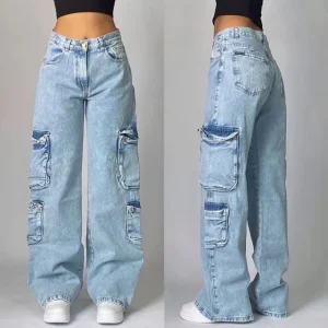 Dames Denim Baggy Jeans met Cargozakken en Wijde Pijpen