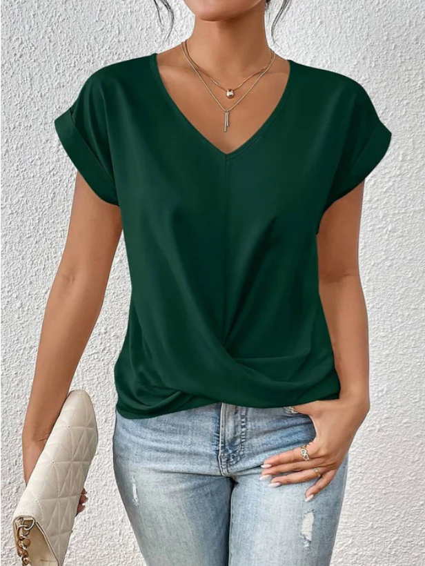 Casual Gedrapeerde V Hals Blouse Voor Dames Met Korte Mouwen - Afbeelding 5
