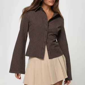 Elegante Retro Blouse Voor Dames Met Ribstructuur En Flared Mouwen