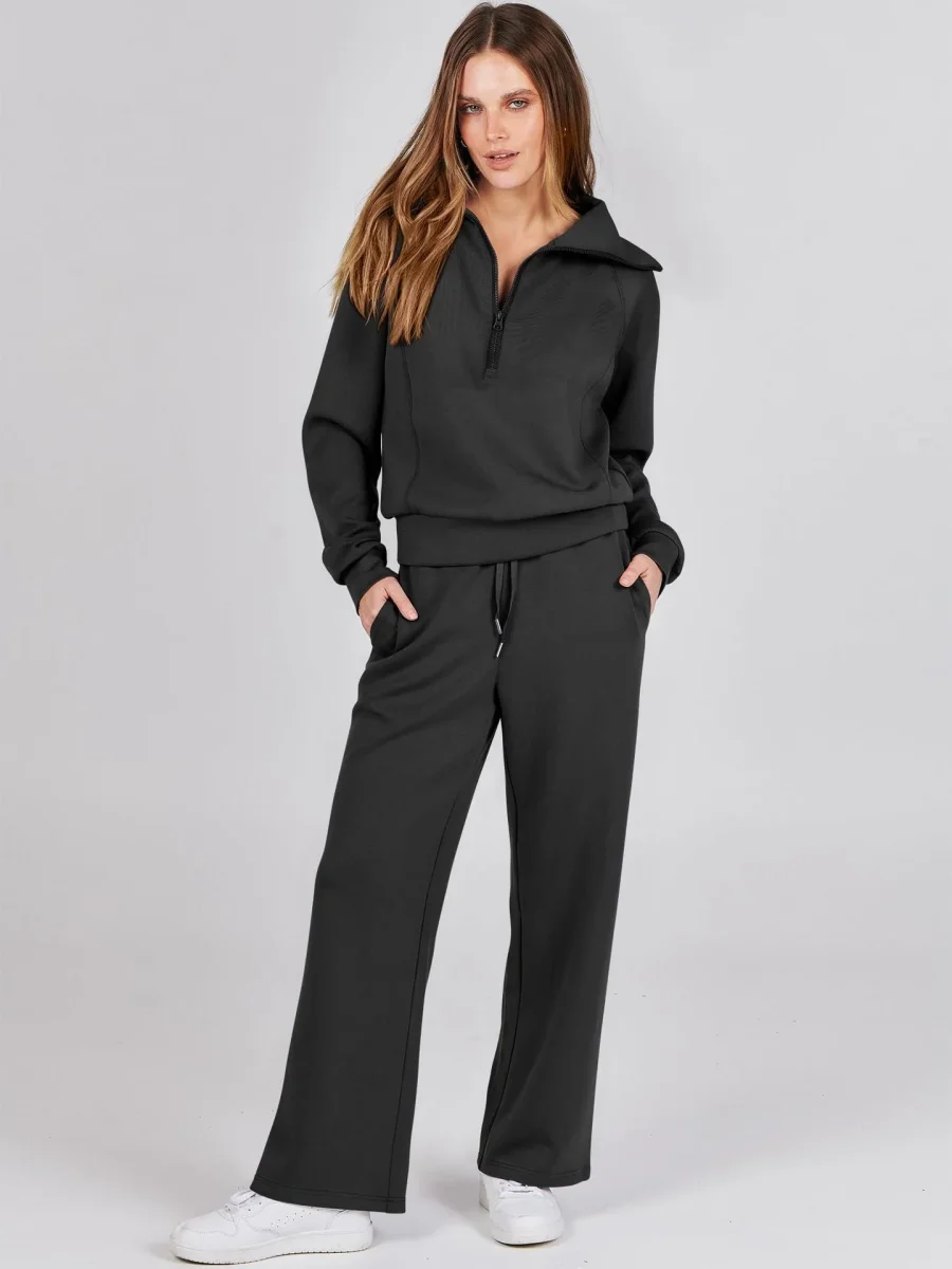 Dames Set – Regular Fit – Zipper Pullover en Wijde Broek voor Dagelijks Gebruik - Afbeelding 2
