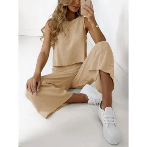 Casual Dames Co-ord Set met Mouwloze Top en Wijde Broek